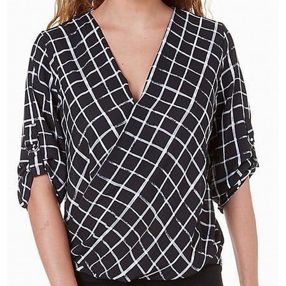BCX Faux Wrap Twist Front 3/4 Sleeve Blouse